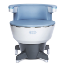 A BTL Emsella chair that treats incontinence by strengthening the pelvic floor muscles, is pictured with a blue, white, and gray finish