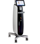 A Lutronic Genius, a device for microneedling with radiofrequency, is pictured with a black a silver finish and a touch screen