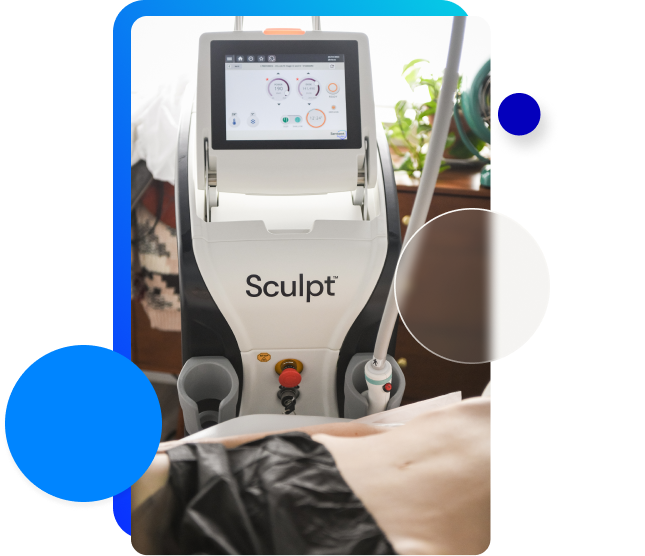The sculpt device is shown behind a patient lying on a treatment bed, with the touch screen lit up.